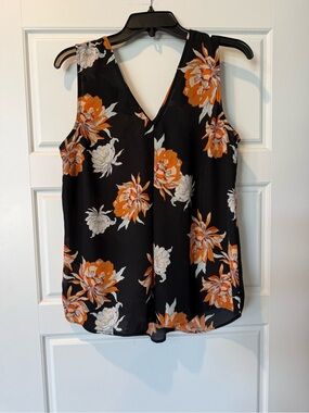 Daniel Rainn Black Floral V-Neck Sleeveless Blouse with Orange & Cream Flowers